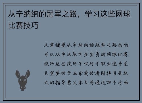 从辛纳纳的冠军之路，学习这些网球比赛技巧