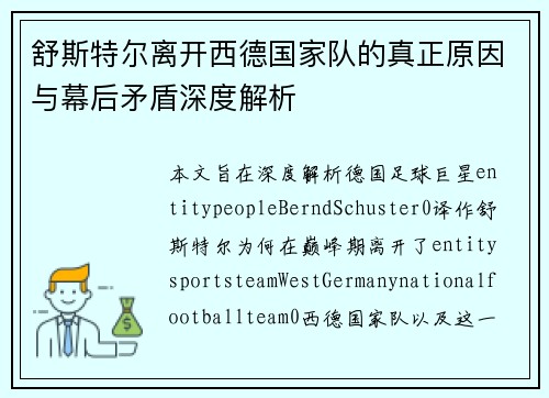 舒斯特尔离开西德国家队的真正原因与幕后矛盾深度解析